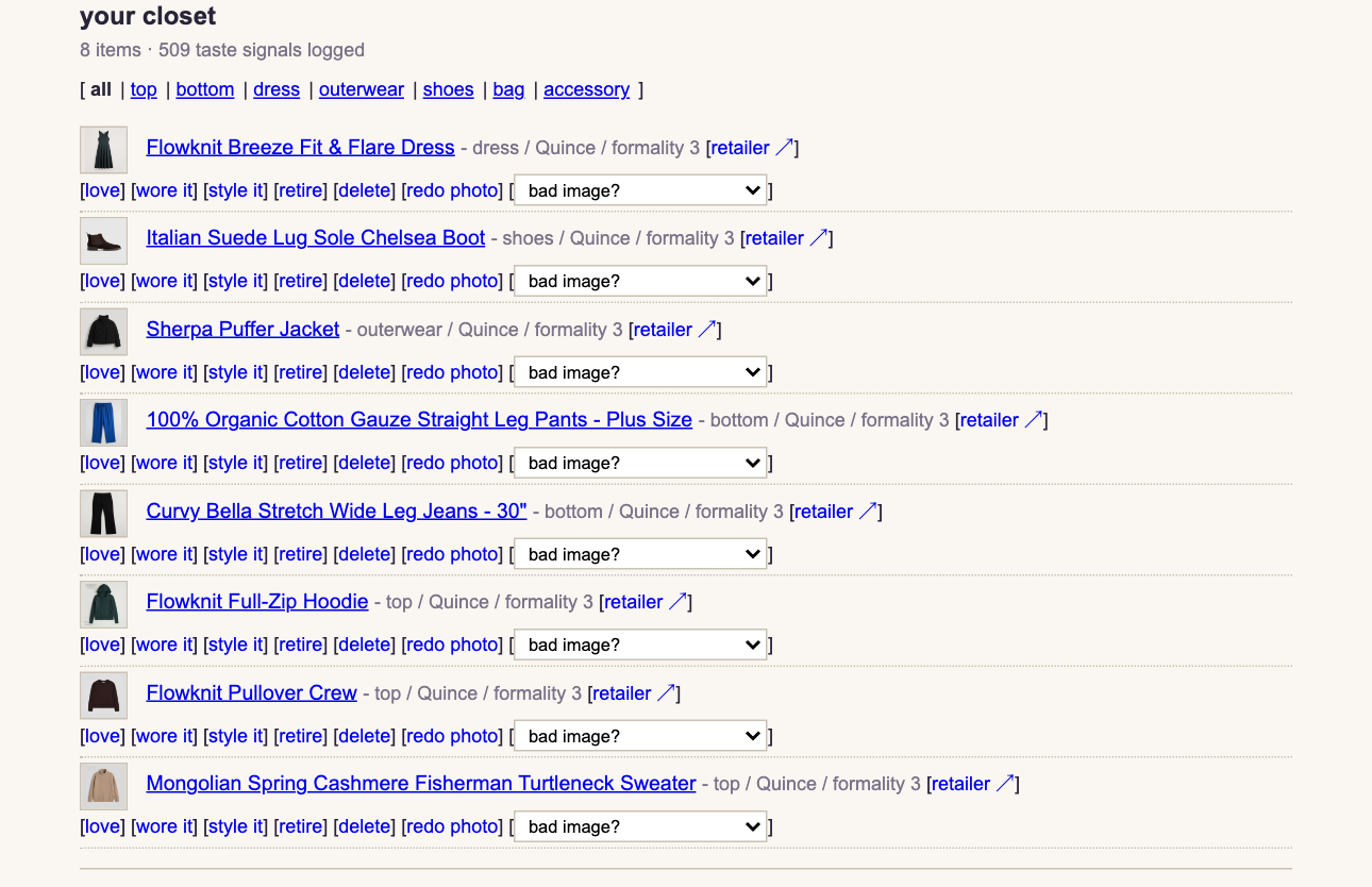 a closet: a plain list of garments with standardized images